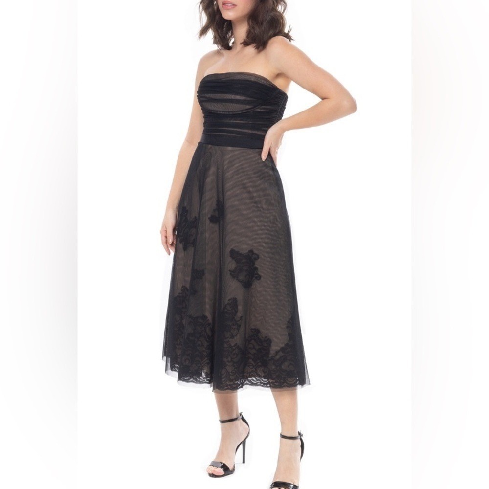 BCBGMAXAZRIA Strapless Black Lace Tulle Midi Dress Size 10 cocktail